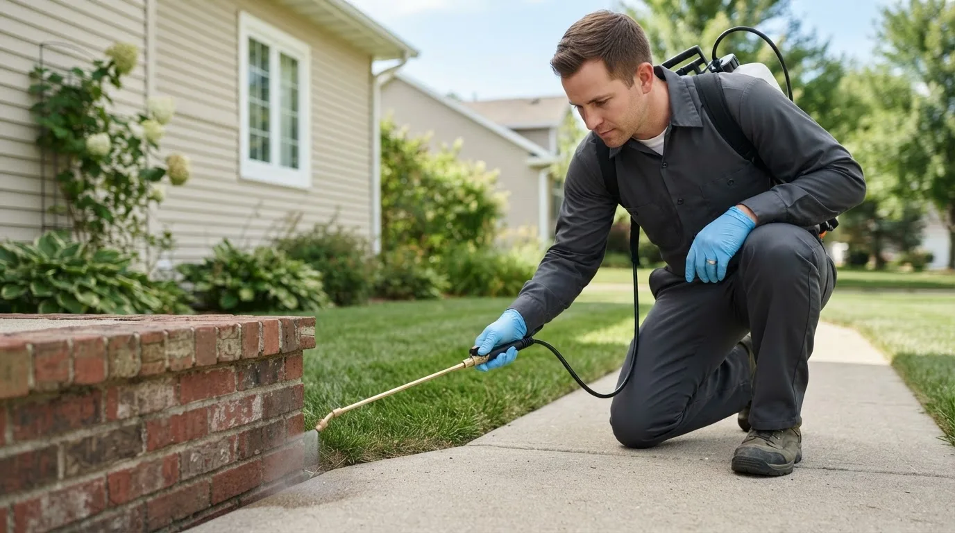 Pest control technician treating a home near Little Birch, WV